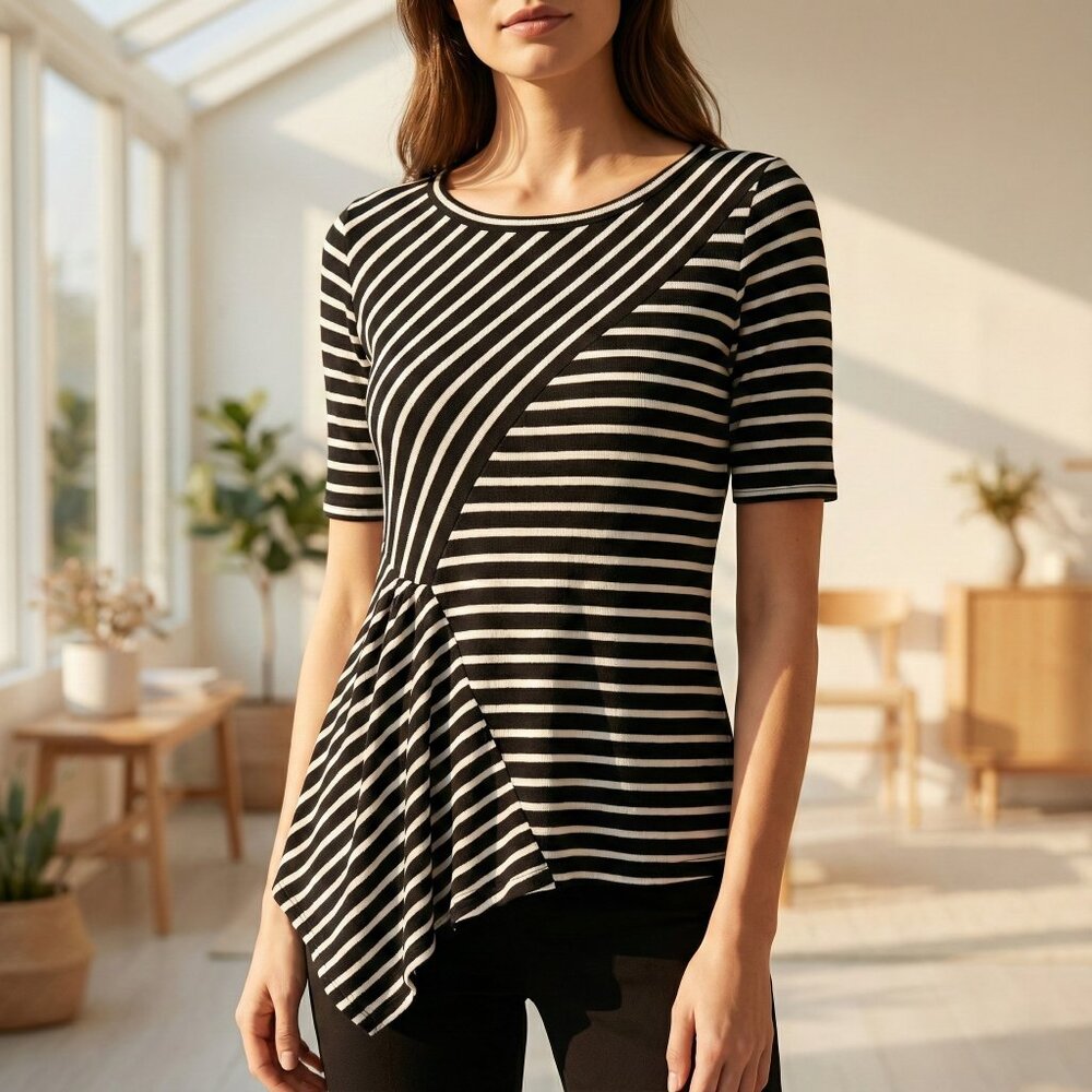 Apt. 9 Ribbed Striped Asymmetrical Blouse Black White Women XS Petite